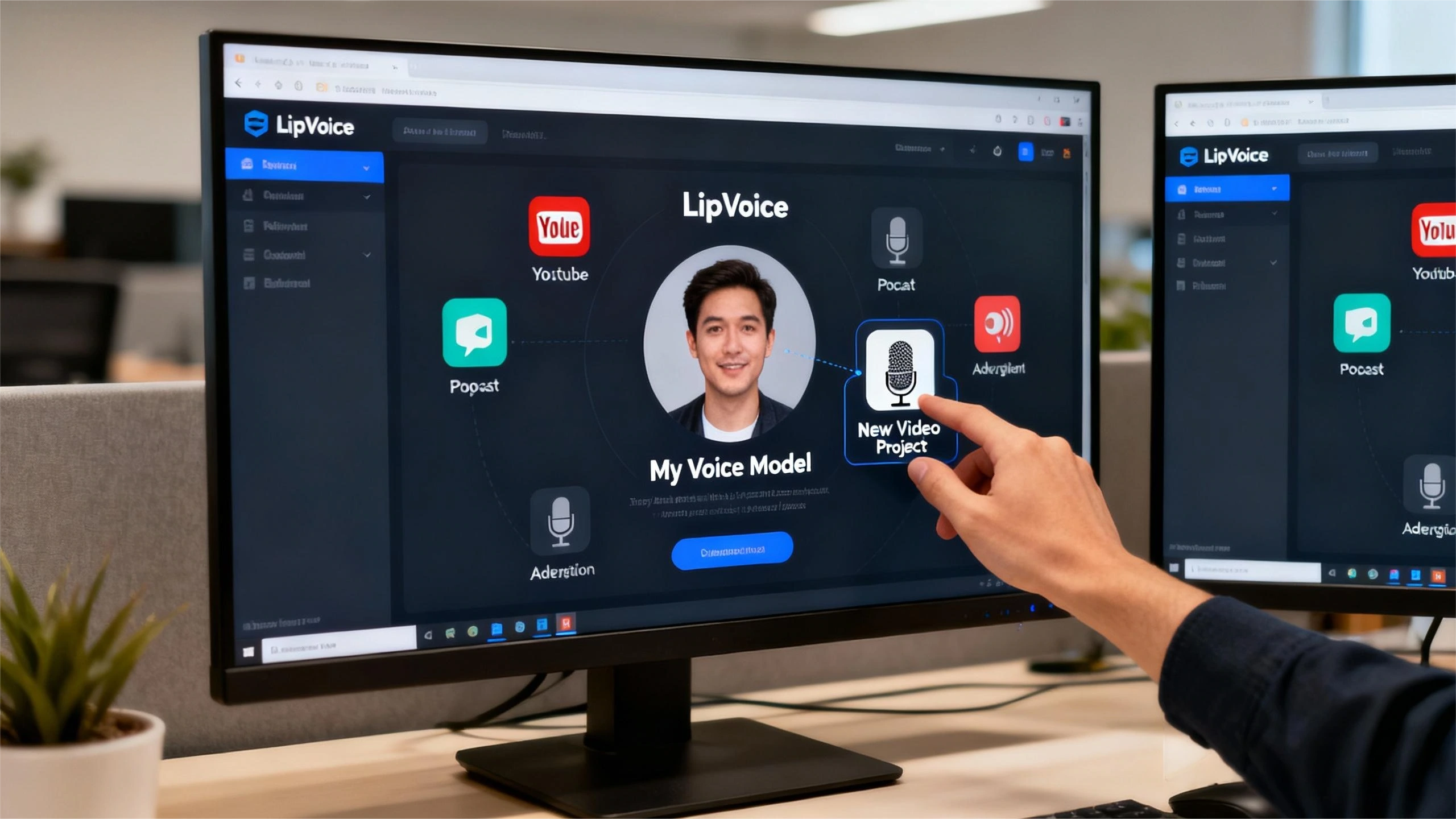 用户使用概念场景： 用户在LipVoice平台创建个人声音模型，界面显示YouTube、播客等多场景适配选项。展现AI配音神器从音色克隆到内容制作的一站式工作流。